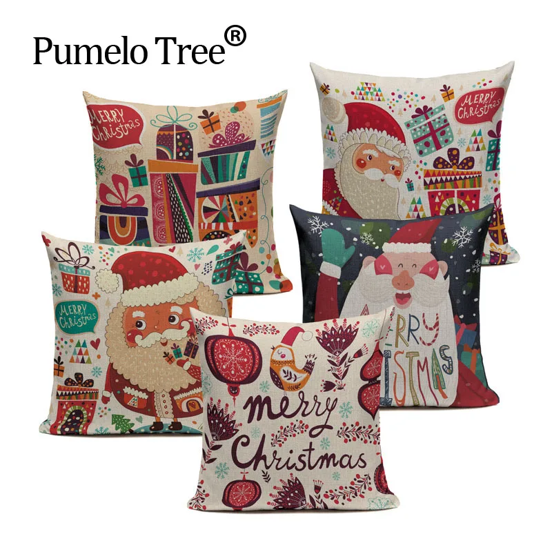 

Cartoon Santa Claus Printed Cotton linen Christmas blend Throw Home Decorative Cotton Linen Cushion Cover 45 x 45cm