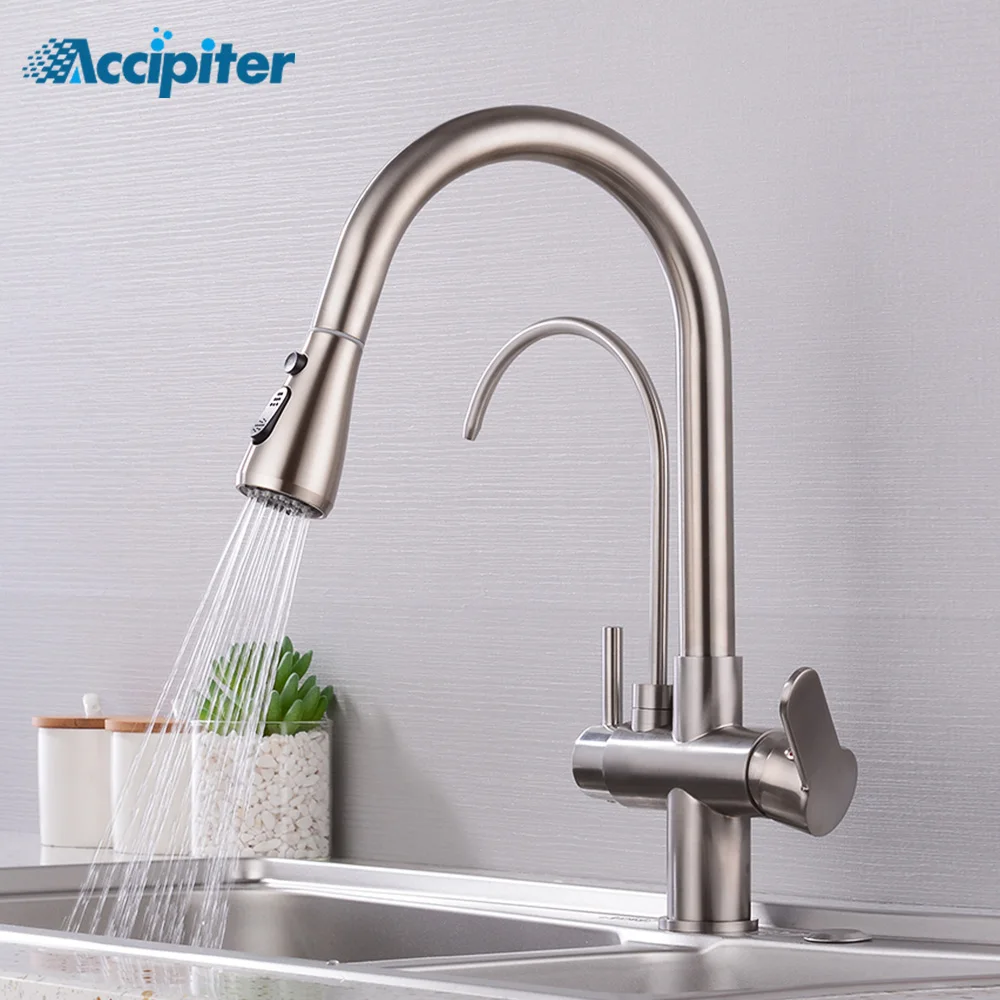 

Waterfilter taps kitchen faucets Dual Handle Deck Mounted Chrome Mixer Tap 360 Degree rotation Water Purification Feature Crane