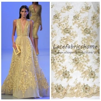 

Light green/gold/off white pearls beadeds 3D chiffon flowers heavy lace fabrics for evening wedding dress 130cm by yard