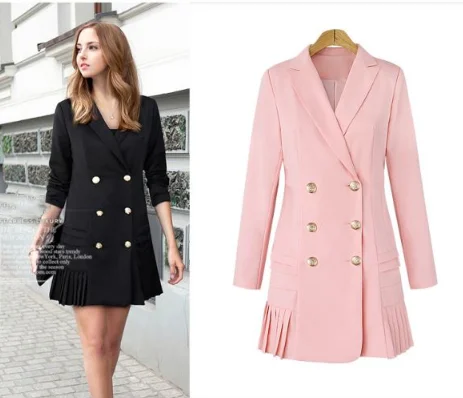 Mr.nut large size new women's suit collar long sleeve double-breasted pleated hem dress long suit
