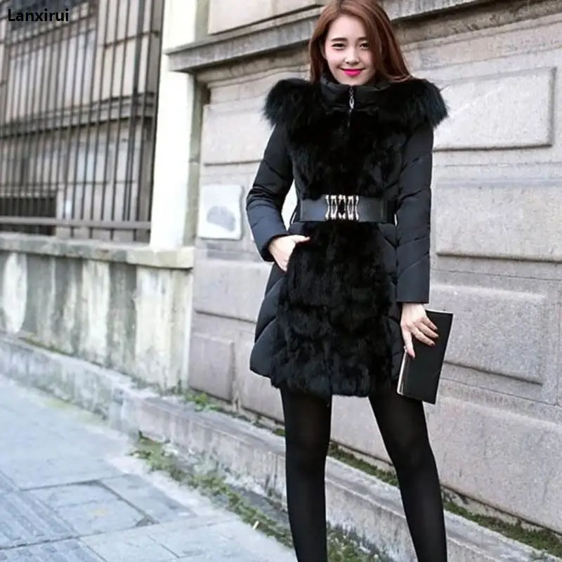 Брендовая модная женская элегантная зимняя теплая куртка-пуховик, парка с мехом, женские тонкие толстовки, длинное Дешевое пальто с поясом, Manteau Femme - Цвет: Черный