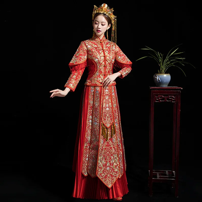 С длинным рукавом Китайский традиционный свадебный платье Для женщин феникс вышивка Cheongsam красный Qipao вечернее платье, китайское невесты