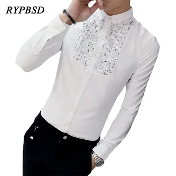 

2018 Autumn New British Men Long Sleeved Shirt Sequins Black White Stage Slim Fit Korean Fashion Wedding Banquet Shirt Clothes