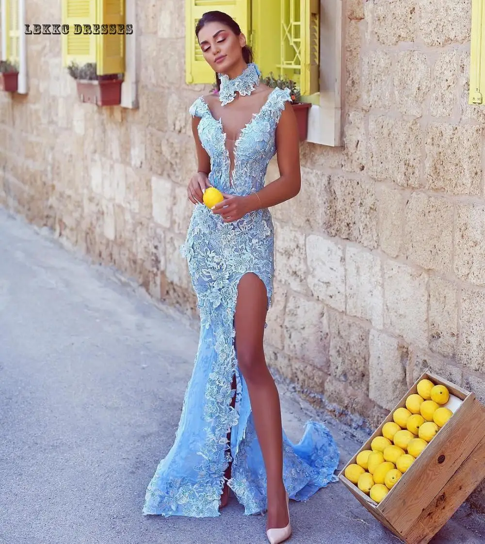 

Applique Split Sky Blue Mermaid Evening Dress long Sexy Party Celebrity Pageant Prom Gown Formal Evening Gowns Dresses