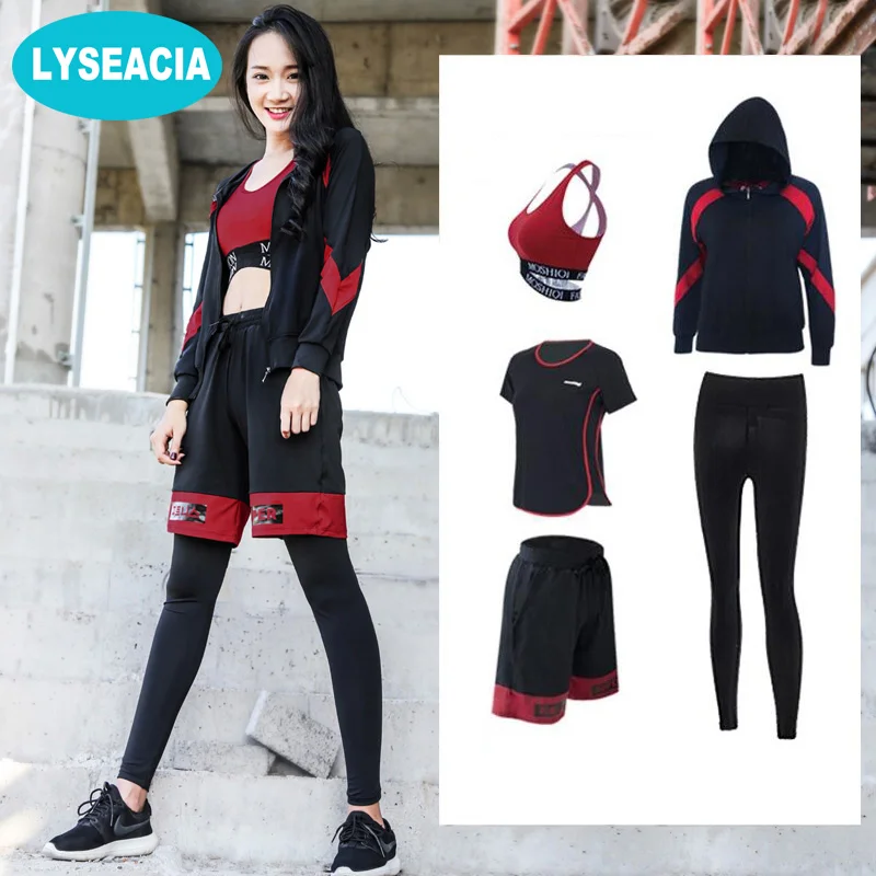 

5 Pieces Plus Size Sportswear Women Yoga Fitness Suit Zipper Sports Hoodies Letters Sport Bra Shirt Workout Leggings Sports Set