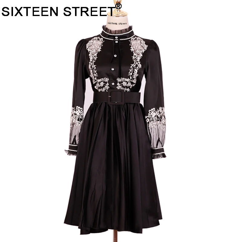 Новое платье средней длины с вышивкой бриллиантами, женское винтажное платье со стоячим воротником и длинным рукавом, черное элегантное платье vestido Robe, новое весенне-осеннее платье