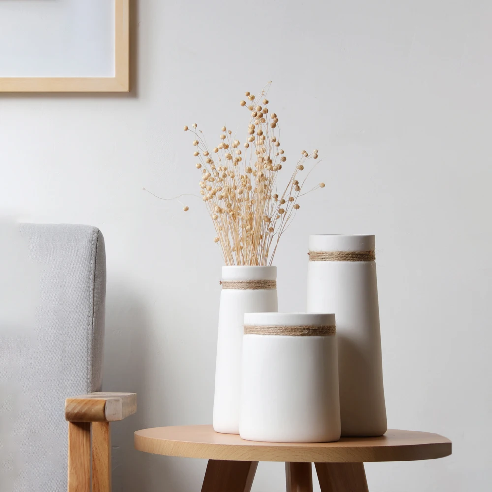 Modern Minimalist Flower Vase White Ceramic Matte Vase With Hemp Rope For Dried Flower Centerpiece Crafts Home Table Decoration Vase White Flower Vasewhite Ceramic Flower Vase Aliexpress