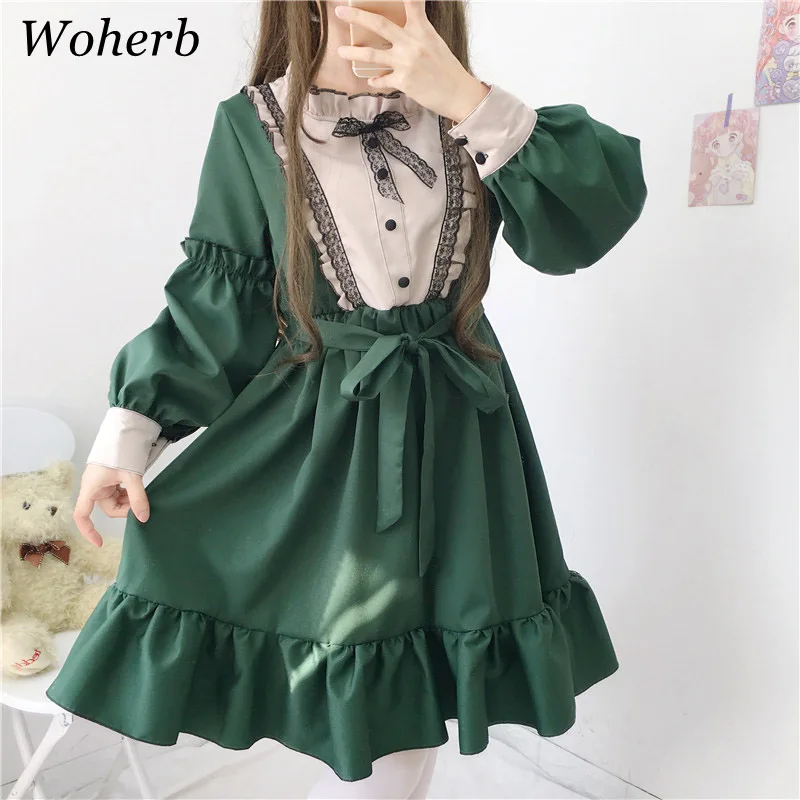 Woherb 2019 Kawaii женское платье в японском стиле милое кружевное с оборками летнее Мини