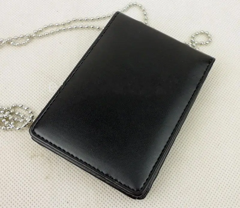 Black Leather Badge ID Card Wallet Holder Case With Neck Chain -BK