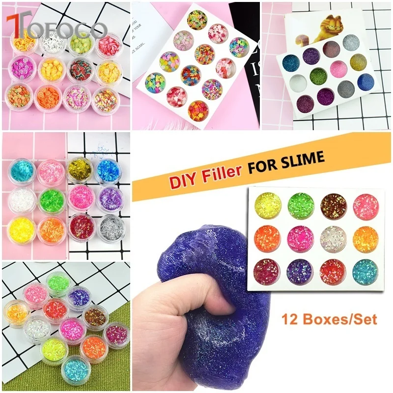 

TOFOCO 12 Color/Set Sequins/Fruit Slices/Glitter Filler For Clear Slime Box Toys For Kids Lizun Slime DIY Accessories Supplies
