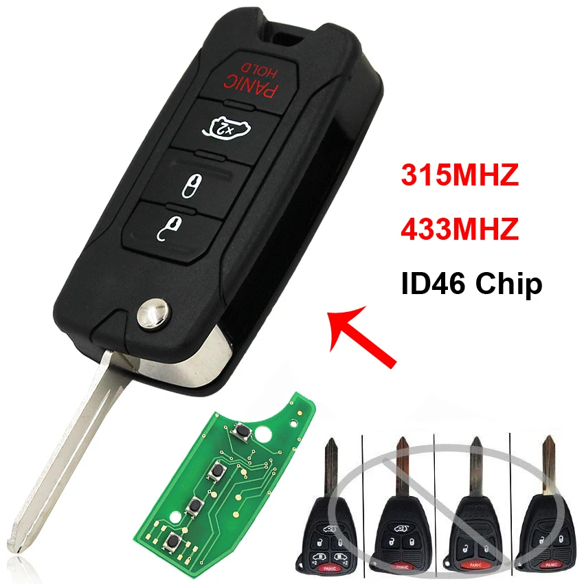 

3+1/4 Button Folding Flip Remote Smart Car Key 315Mhz or 433Mhz ID46 Chip for Dodge Avenger for Chrysler 200 300 Aspen for Jeep