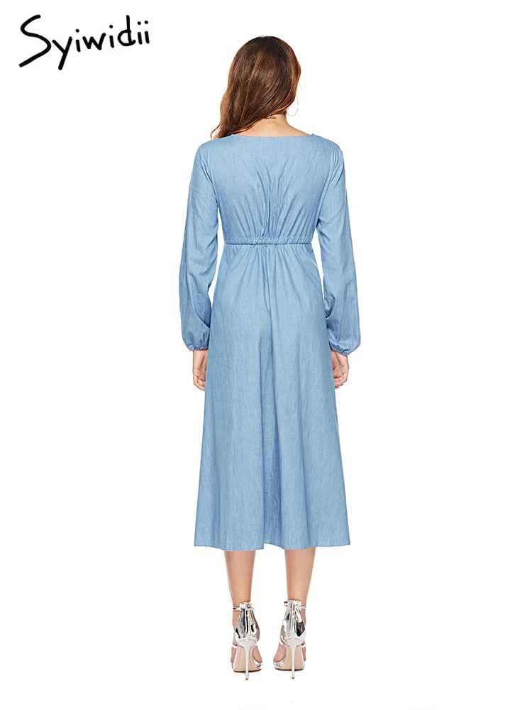 Fashion Denim Jeans Dress Women Long Sleeve Lace Up Waist Midi Dresses Party Casual Elegant French Women Dress 2019 Cotton Dress