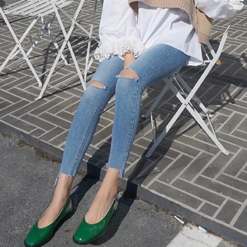 

Korean autumn Slim female fashion sexy hole pants Skinny irregular jeans summer High Ankle-Length Pants Pencil Office Lady pants