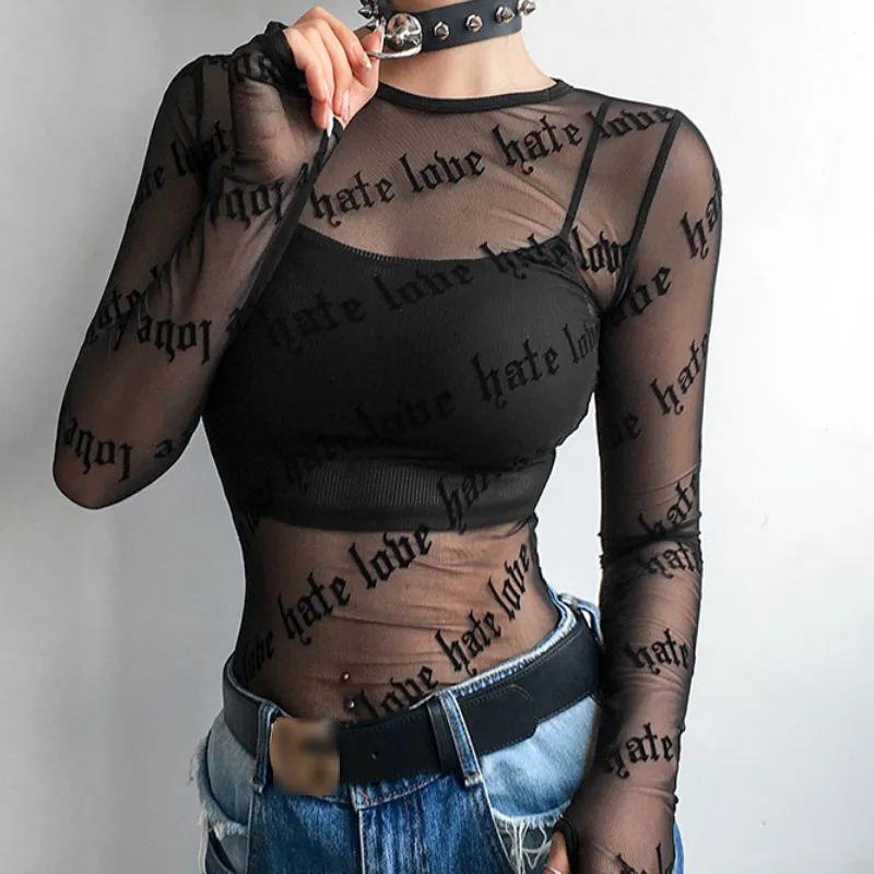 

Summer Women Black T Shirt Letter printing Mesh Sheer See-Through Perspective Slim Tops Long Sleeve Lot