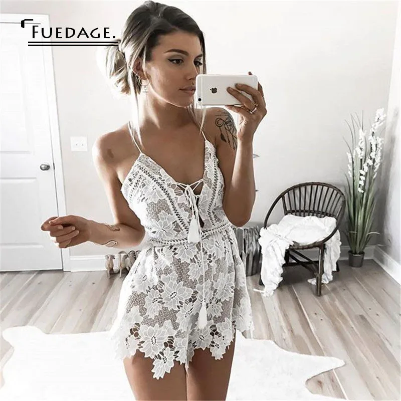 summer v neck lace print white playsuit cropped backless