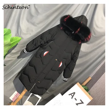 

Schinteon Women Over Size Down Jacket with Colorful 100% Real Fur Collar Hood Warm Winter Outwear High Quality Korean