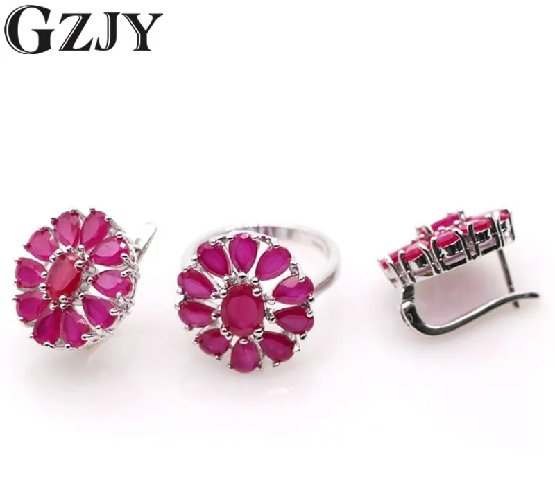 

GZJY Beautiful White Gold Color Green Red Zircon Round Flower Earrings Ring Set For Women Fashion Wedding Party Jewelry