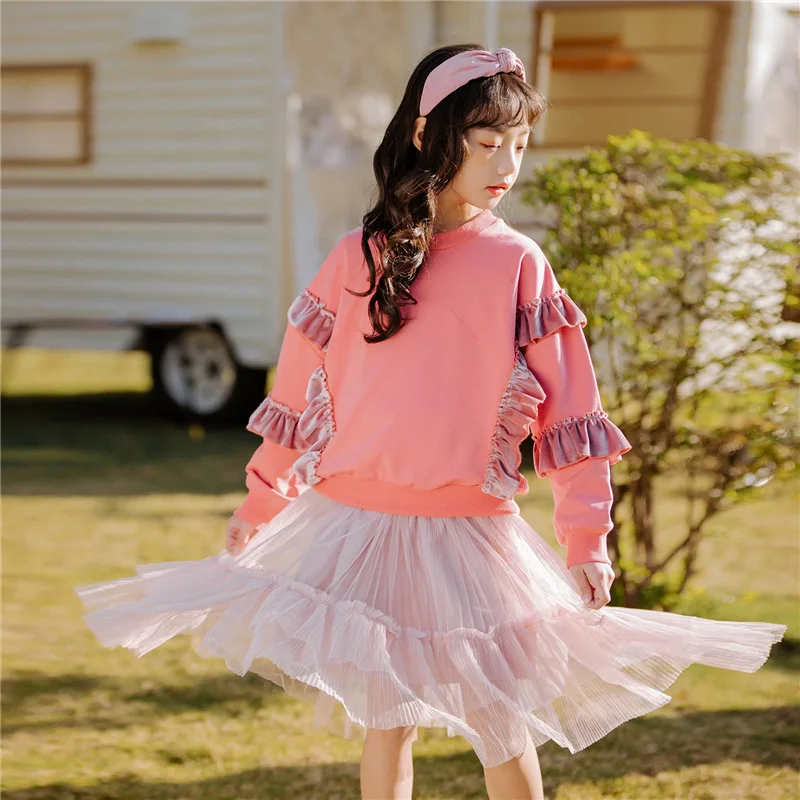 

2019 Spring Autumn Kids Girls Clothes Set Solid O-neck Shirt+tulle Skirt Outfits Girls Suit Children Fashion Ruffles Clothing