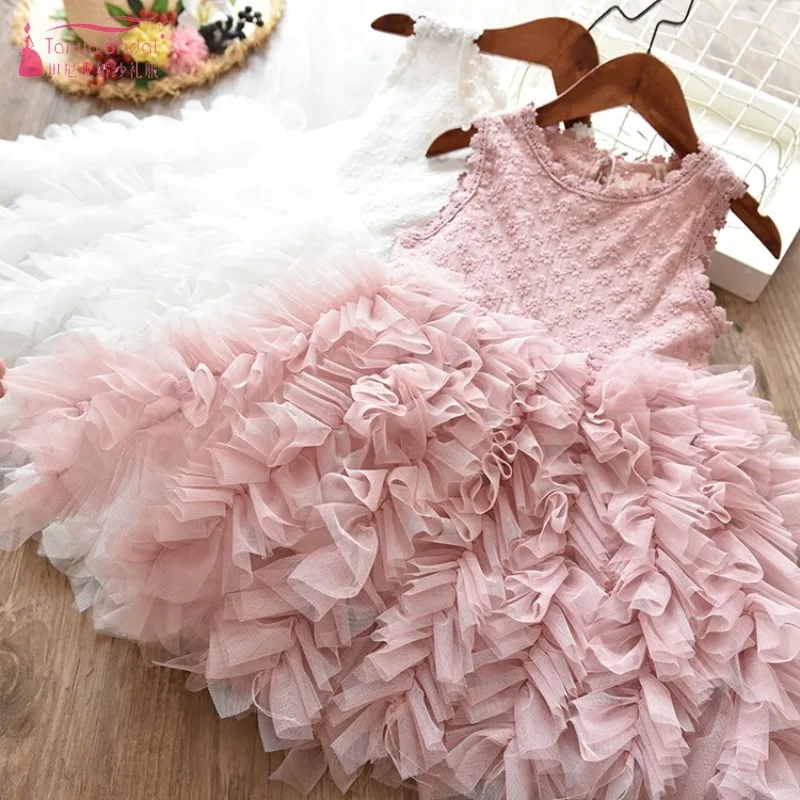 New Flower Girl Dresses Tiered Pink Girl Beauty Pageant Party Dress White Communion Dress For Kids JQ205