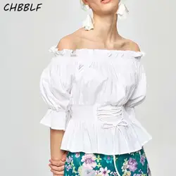 CHBBLF женщин С симпатичным бантом tie ruffled белые блузки с вырезом лодочкой плиссированные рубашки женские повседневные топы blusas O8696