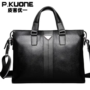 

P.kuone Fashion men handbags vintage brown genuine leather briefcase Business Shoulder Bags high Quality laptop briefcase bag