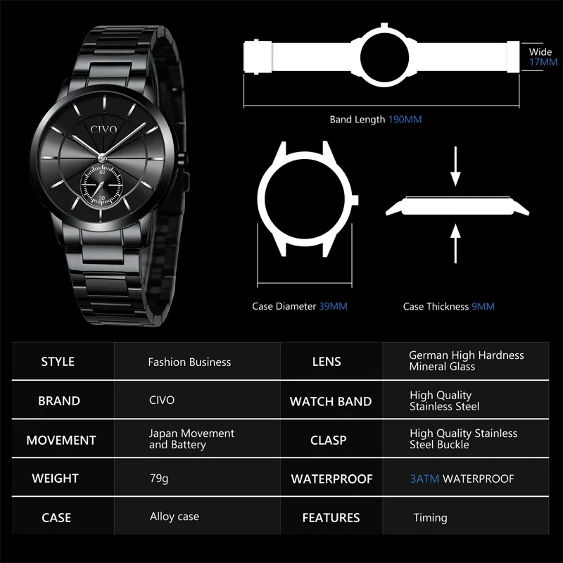 montre homme CIVO mens waterproof watches top brand luxury quartz watches men fashion sport dial clock relogio masculino