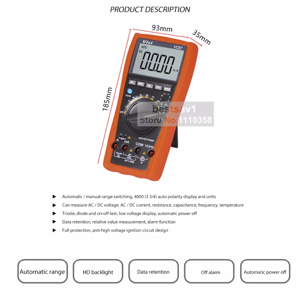 VC97 Авто Диапазон Цифровой мультиметр DMM AC DC v емкость Устойчив TEMP