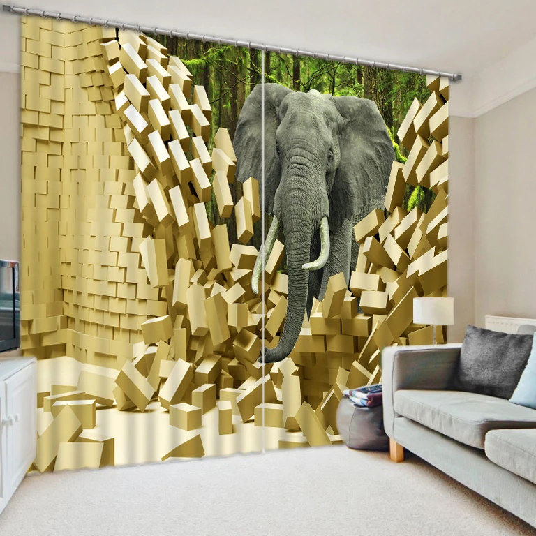 Modern High quality 3D Photo elephant painting Window Curtains Custom