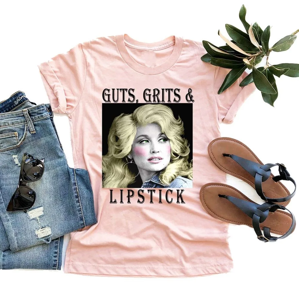 

Guts Grits And Lipstick Women Shirt Vintage Funny Tshirt Cotton 2019 Summer Short Sleeves Printed Cartoon Female Top Tee