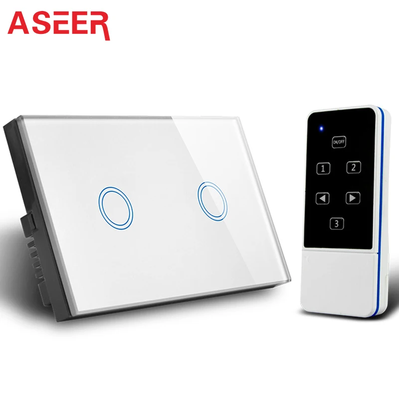 

ASEER,US Type Smart Switch,2 Gang 1 way RF433mhz Wireless Remote Control Light Switch,Luxury Tempered Glass Panel AC110-240V