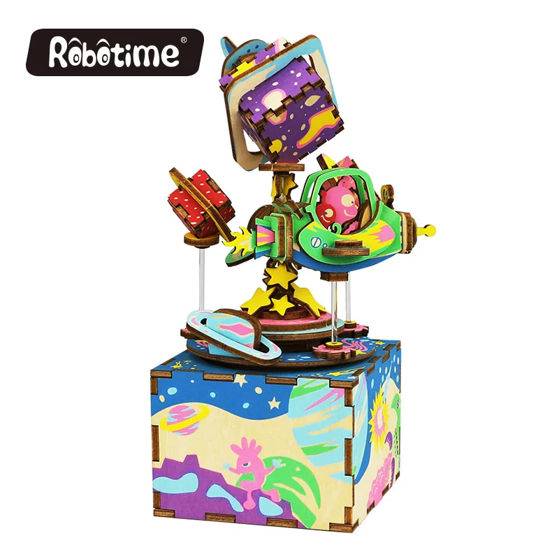 

Free Shipping Robotime 3D Puzzle DIY Assembled Creative Gift Wooden Festival Memento For Kids Music Box The Universe AM403