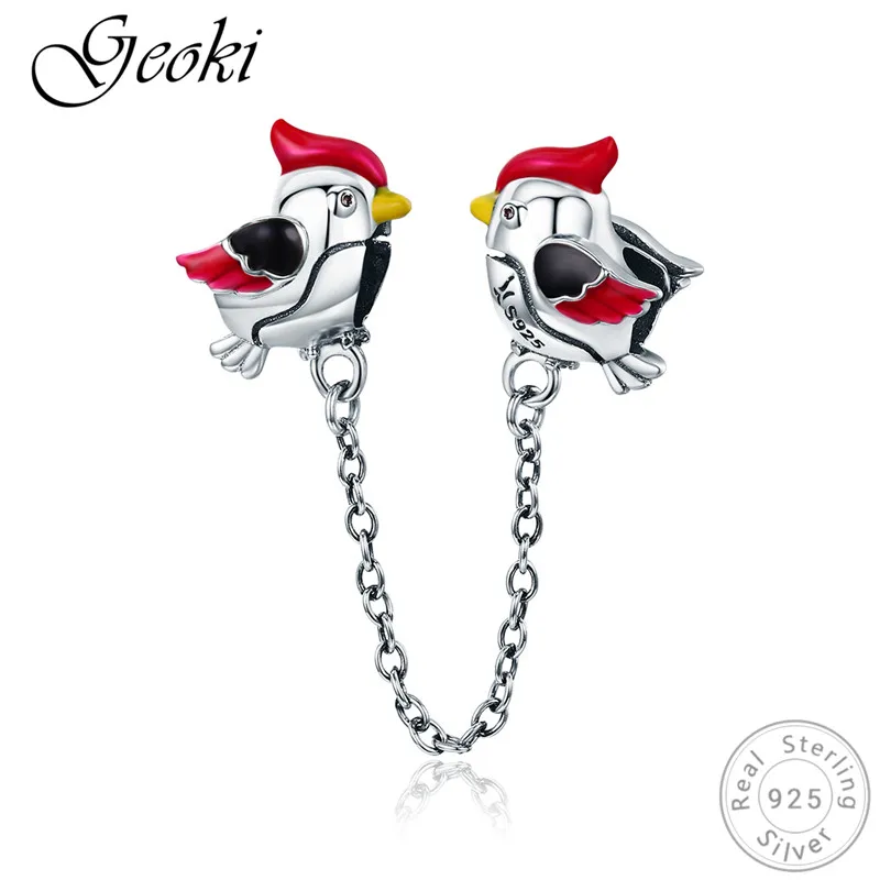 Hot Sale  Geoki 925 Sterling Silver Red&Black Couple Birds Safety Chain fit Pandora Bracelet Singing Bird Cha