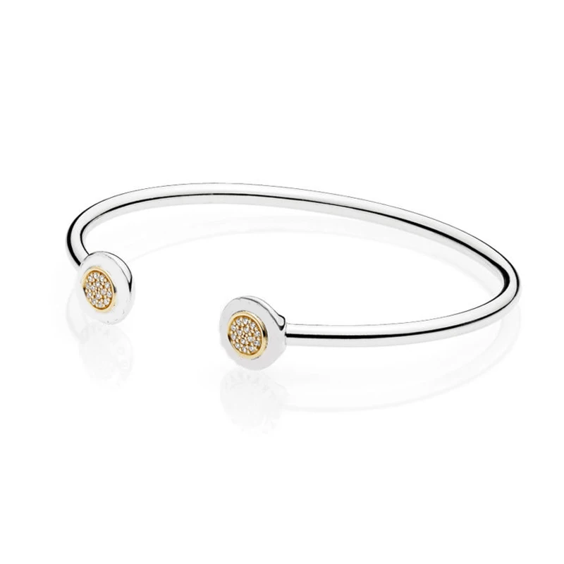 

Authentic 925 Sterling Silver Two-Tone Signature Open Bangle Fit European Charm Bead Original Pan Bracelet For Women DIY Jewelry