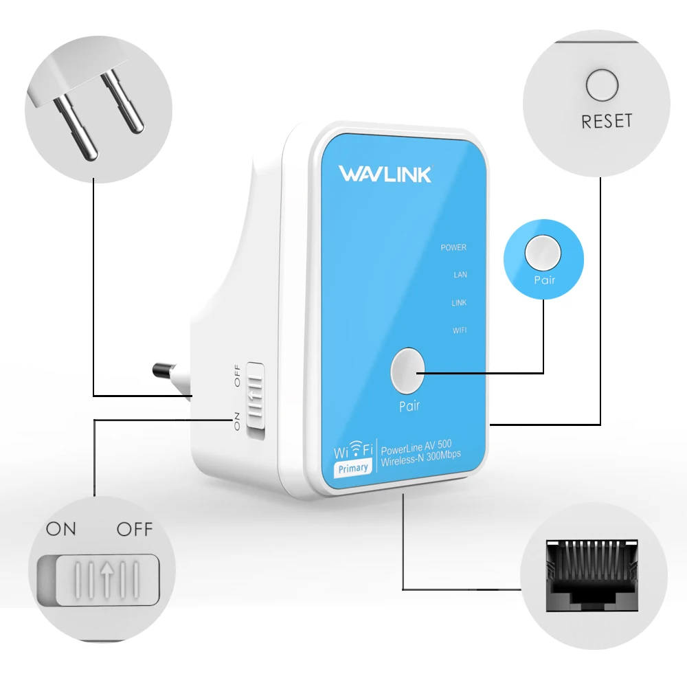 1 пара сетевой адаптер Wavlink AV500 Powerline Ethernet беспроводной N 300 Мбит/с Wi Fi удлинитель