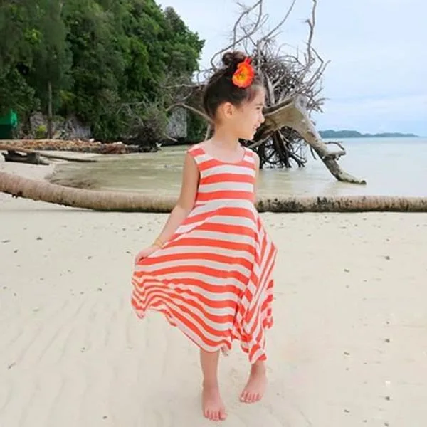 

Kids Girl Multi-Color Sleeveless Striped Cotton Blends Long Beach Dress in Orange/Blue