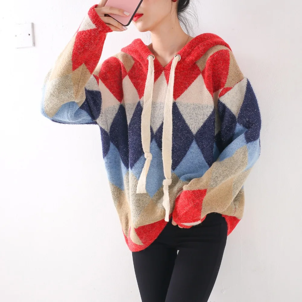 MS- Retro hit color pattern women's hooded pullover sweater autumn winter 2018 mori girl | Женская одежда