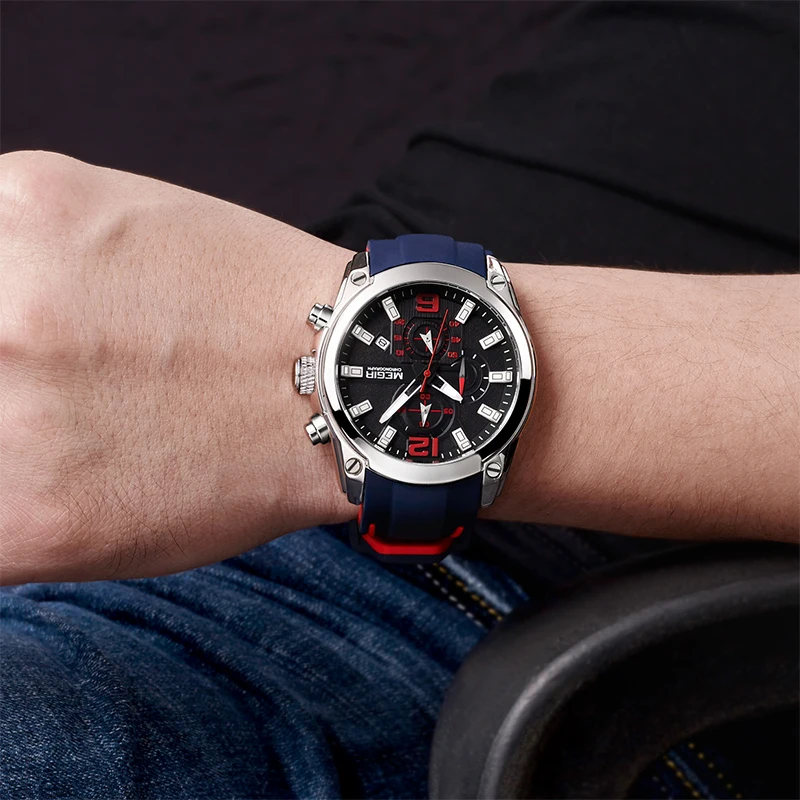 MEGIR мужские хронографы аналоговые кварцевые часы с Дата светящаяся стрелки Водонепроницаемый силиконовый ремешок Спортивные наручные часы для мужчин