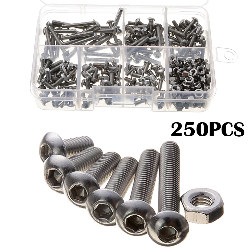 250PCS Round Head Machine M3 Nut Fasteners Set Hexagon Stainless Steel