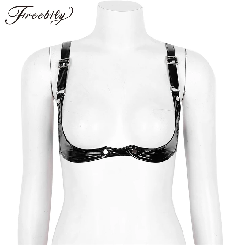 US Women Push-Up Strappy Brassiere Faux Leather Open Cup Bra Wire-free Clubwear 