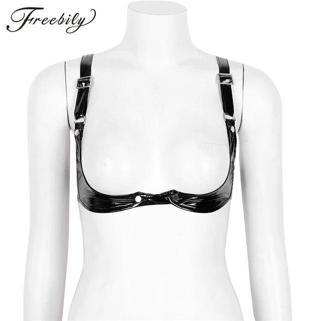 Disc Womens Sexy Lingerie Bras for Nightclub Hot Erotic Wetlook Faux Leather Open Cup Bra Top Women Underwear Sex Clothes