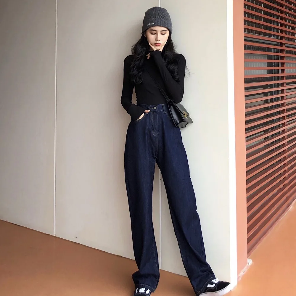 

Women Wide Leg Loose Denim Blue Jeans Pant 2019 Female Long Trousers High Waist Chic Female Casual Pants Jeans