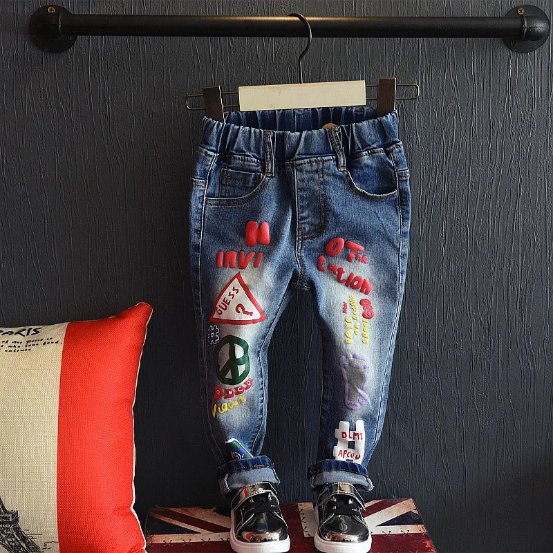 Boys Ripped Jeans 2016 Autumn Newest Casual Hole Ripped Skinny Letter