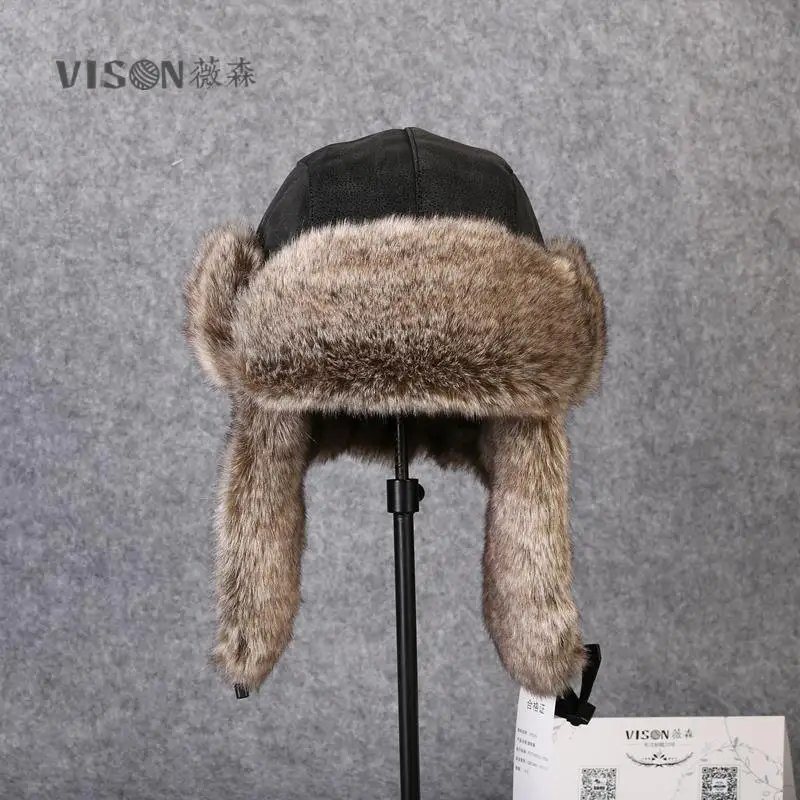 Мужская меховая кожаная шапка для зимы имитация Кожаная шапка с мехом с помпоном защита для ушей бомбер шапки русская ушанка шляпа Leifeng B-8431
