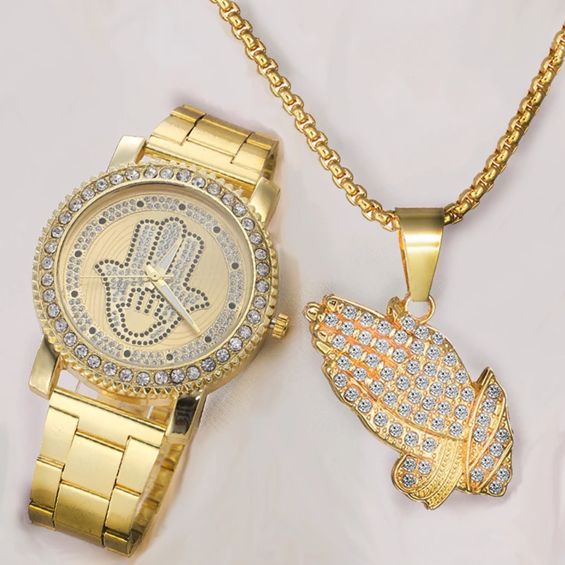 

Mens Hip Hop Gold Iced Out CZ Fatima Praying Hands Watch Necklace Gift Combo Set