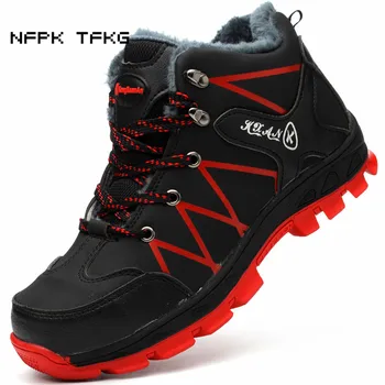 

mens casual large size steel toe caps work safety warm plush cotton shoes genuine leather winter snow ankle boots anti-puncture