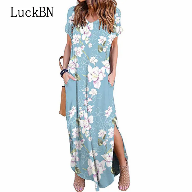 

Printed Summer Dress Women O-neck Dress Short Sleeve Casual Loose Vestidos New 2019 Bohemian Beach Dress Robes Women's Clothing