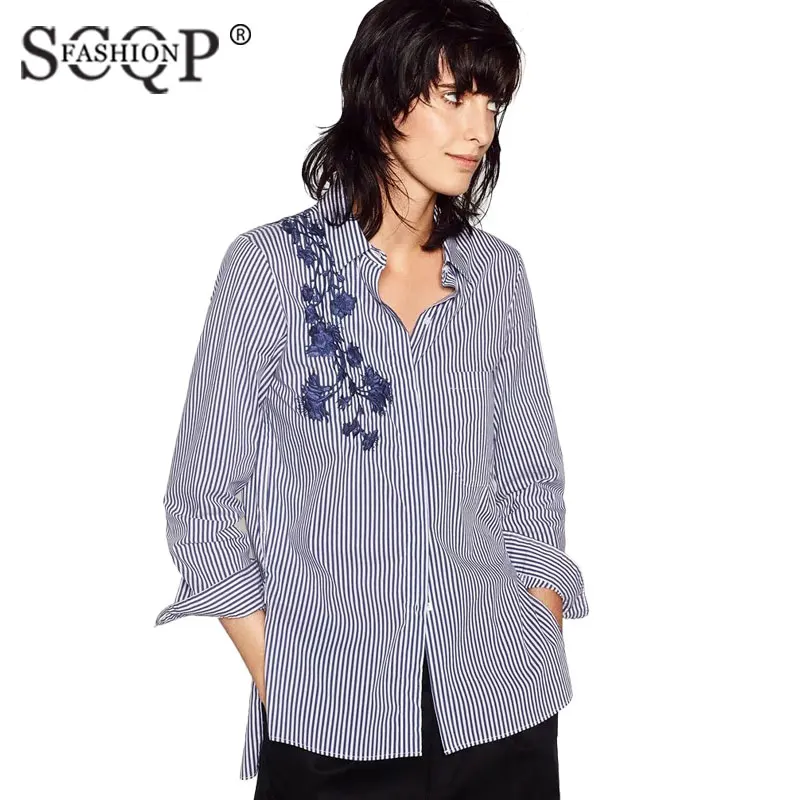 SCQP FASHION Striped Floral Embroidered Women Shirts