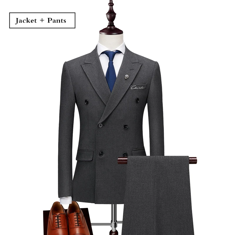 Plyesxale, двубортный мужской костюм,, приталенный, мужские костюмы с брюками, черный, серый, мужские свадебные костюмы с вышивкой жениха, 2 шт., Q186 - Цвет: Grey