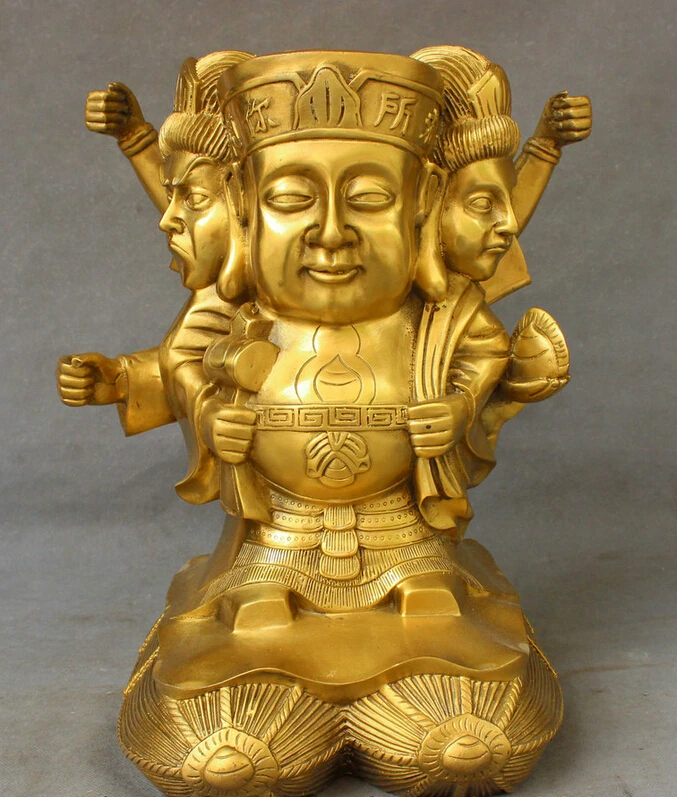 

song voge gem S3367 15" Chinese Pure Brass Carved Japen Guard Wealth Bag 3 Head Mammon God Statue