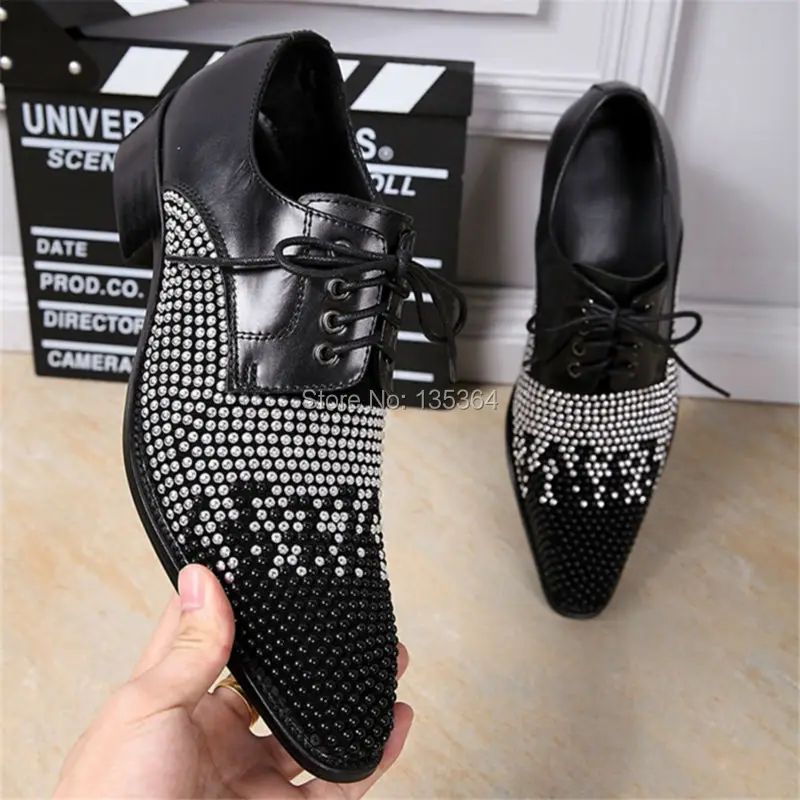 Fashion Rhinestone Newest Men Shoes Lace Up Genuine Leather Party Men Flats Shoes Pointed Toe Men Oxfords Wedding Dress Shoes